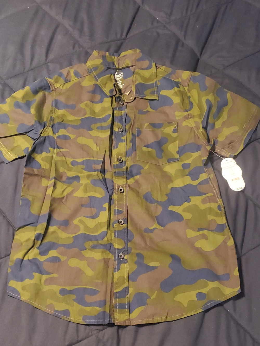 wonder nation Boys' Short-Sleeve Camo Button-Down Shirt - Olive & Blue